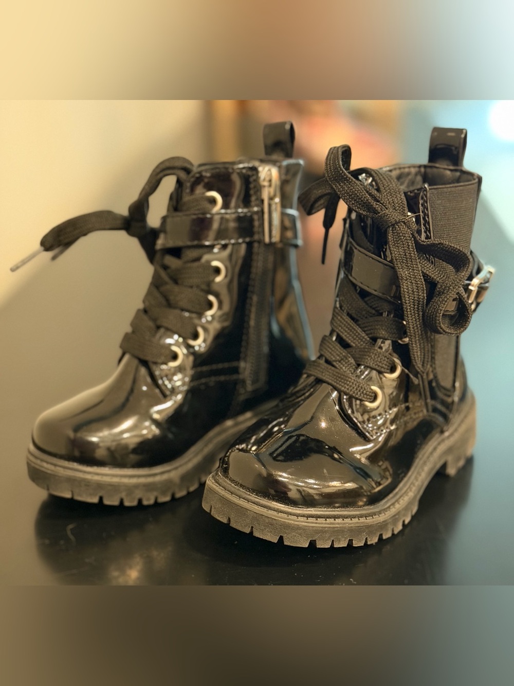 Vince Camuto Kids Black Patent Combat Boots - Picture 1 of 5